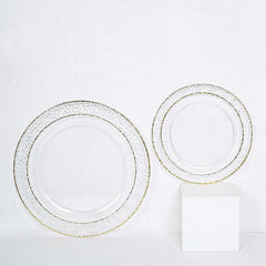 10-Pack Plastic 7.5" Round Appetizer Plates in Clear Hammered Design with Gold Rim - Disposable Salad Plates for Chic Banquets & Special Occasions