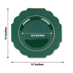 10-Pack Plastic Dinner Plates in Hunter Emerald Green Baroque Design with Scalloped Gold Rim - Heavy Duty Disposable Party Plates 11"