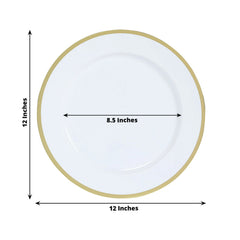 10-Pack Economy Plastic Round Charger Plates 12" in White with Wide Gold Rim, Decorative Dinner Party Serving Plates