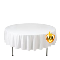 Fire Retardant Scuba Tablecloth – 90" Round White, Wrinkle Free, Stain Resistant Polyester Cover
