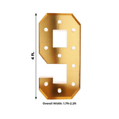 Giant LED Marquee Light Up Number "9", Gold 4ft Pre-Cut Foam Board with 10 Warm White Battery Operated LEDs, Glue Gun and Sticks