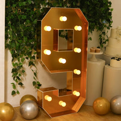 Giant LED Marquee Light Up Number "9", Gold 4ft Pre-Cut Foam Board with 10 Warm White Battery Operated LEDs, Glue Gun and Sticks