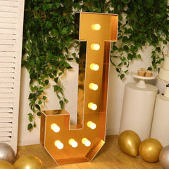 Giant LED Marquee Light Up Letter "J", Gold 4ft Pre-Cut Foam Board with 10 Warm White Battery Operated LEDs, Glue Gun and Sticks