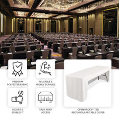 Fitted Polyester 96"x30" Rectangle Tablecloth White with Open Back Design - Easy to Maintain and Wrinkle-Resistant Table Cover for Trade Shows & Displays