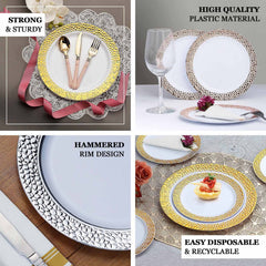 10-Pack Plastic 7.5" Round Appetizer Plates in Clear Hammered Design with Gold Rim - Disposable Salad Plates for Chic Banquets & Special Occasions