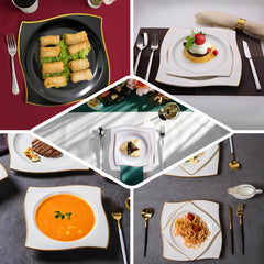 10-Pack Plastic 8" Square Dessert Plates in Clear with Gold Wavy Rim Modern - Disposable Salad Appetizer Party Plates