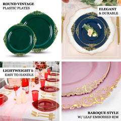 10-Pack Plastic 10" Round Dinner Plates in Transparent Amber Gold with Gold Leaf Embossed Rim - Disposable Vintage Baroque Style Plates