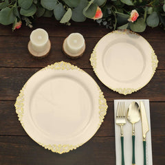10-Pack Plastic 8" Round Dessert Plates in Ivory with Gold Leaf Embossed Rim - Disposable Vintage Baroque Style Salad Plates