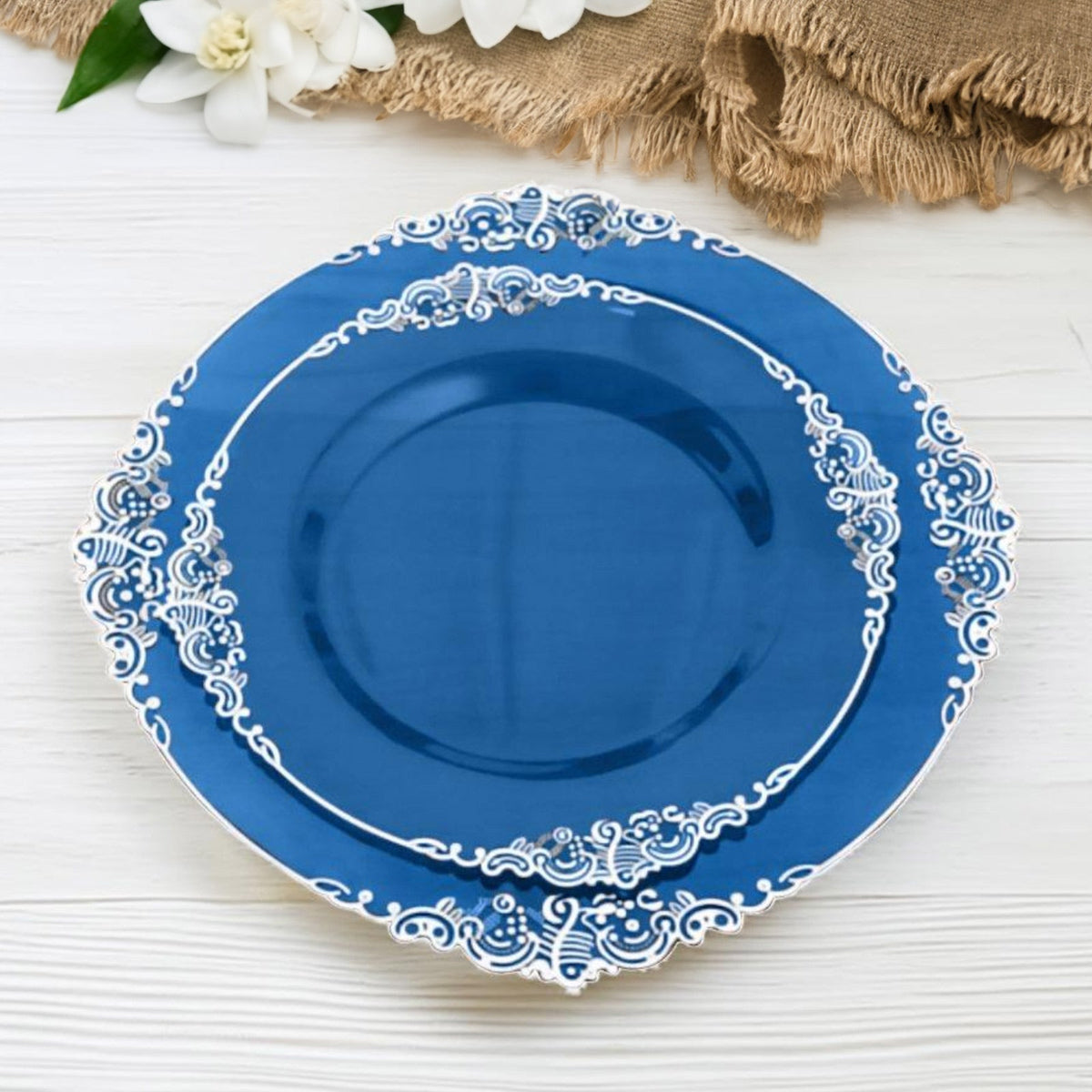 10-Pack Plastic 8" Round Dessert Plates in Transparent Navy Blue with Silver Leaf Embossed Rim - Disposable Vintage Baroque Style Salad Plates