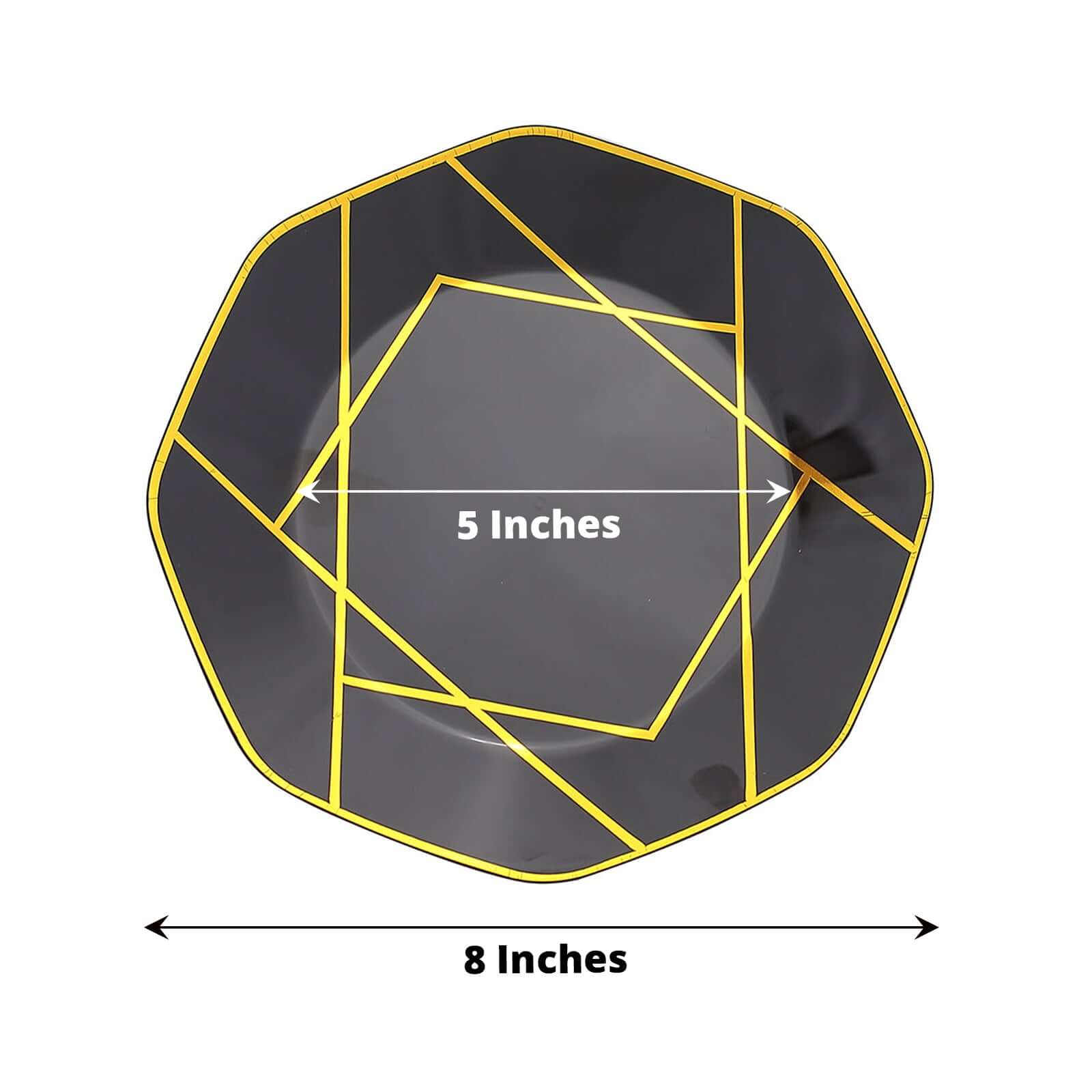 10-Pack Plastic 8" Octagon Dessert Plates in Black - Modern Disposable Salad/Appetizer Plates with Gold Geometric Design for Special Occasions & Celebrations