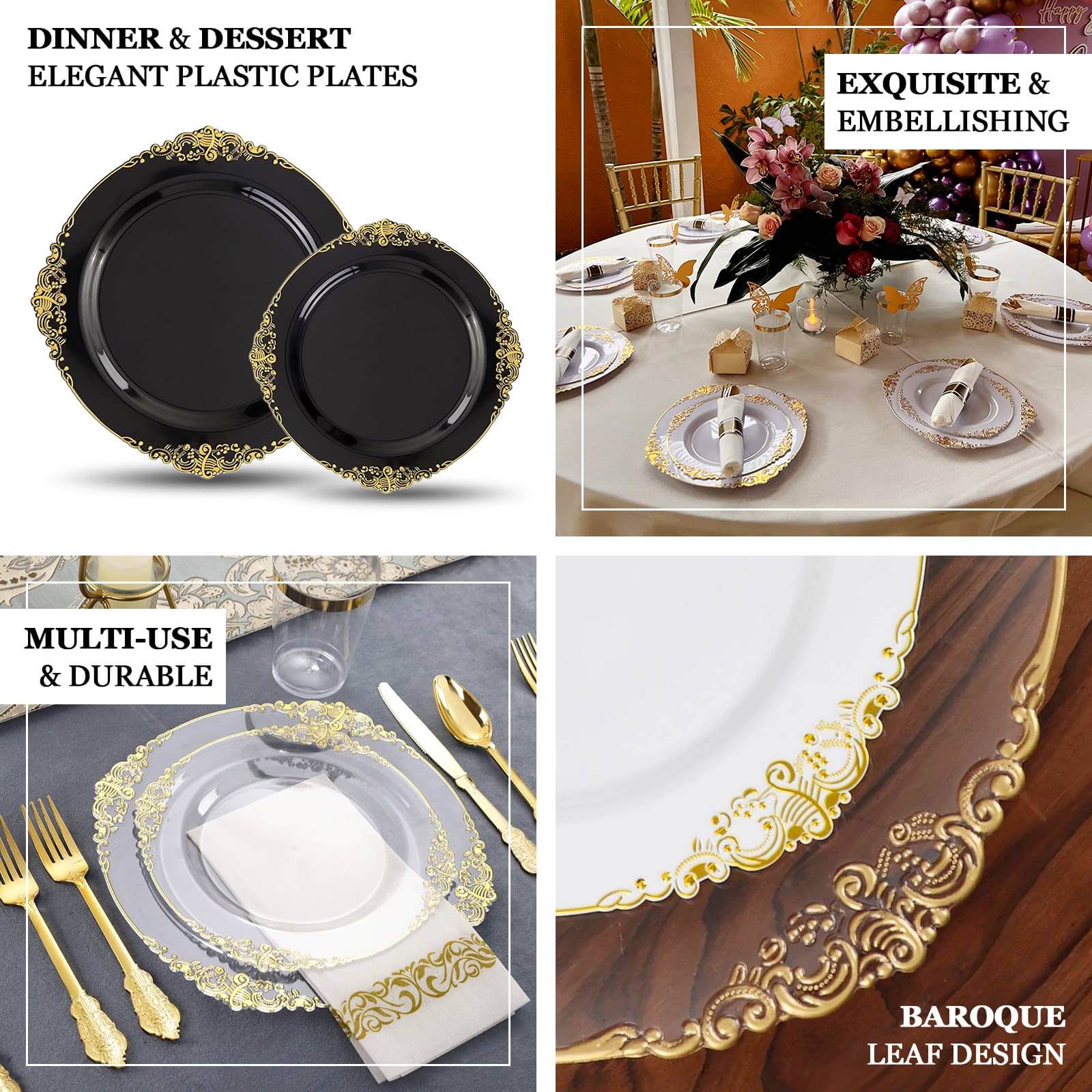 10-Pack Plastic 8" Round Dessert Plates in Black with Gold Leaf Embossed Rim - Disposable Vintage Baroque Style Salad Plates