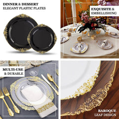 10-Pack Plastic 8" Round Dessert Plates in Black with Gold Leaf Embossed Rim - Disposable Vintage Baroque Style Salad Plates