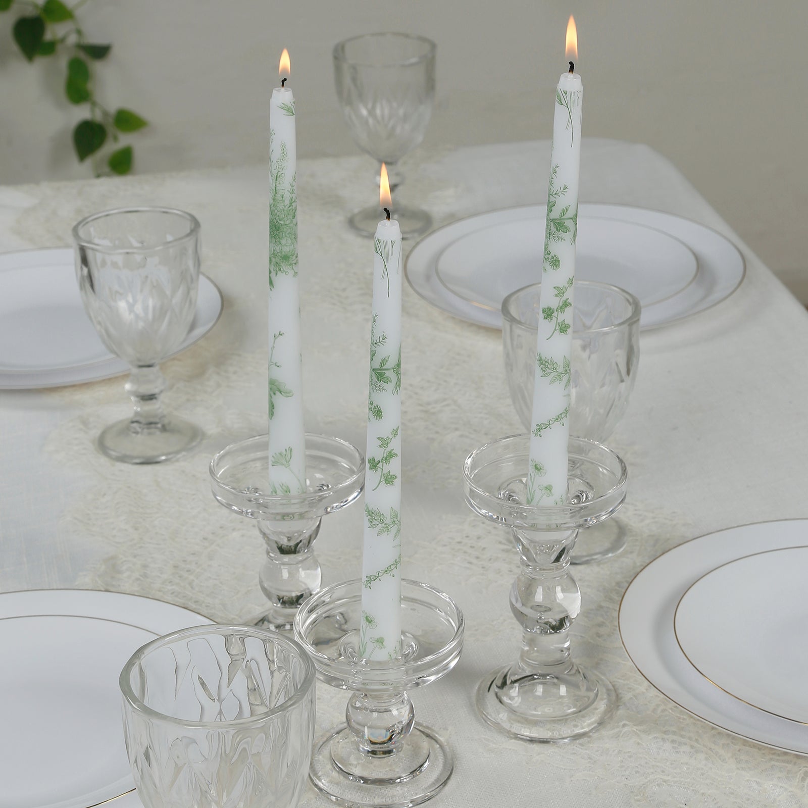 12 Pack 10" French Toile Wax Taper Candles White and Sage Green Unscented Candles