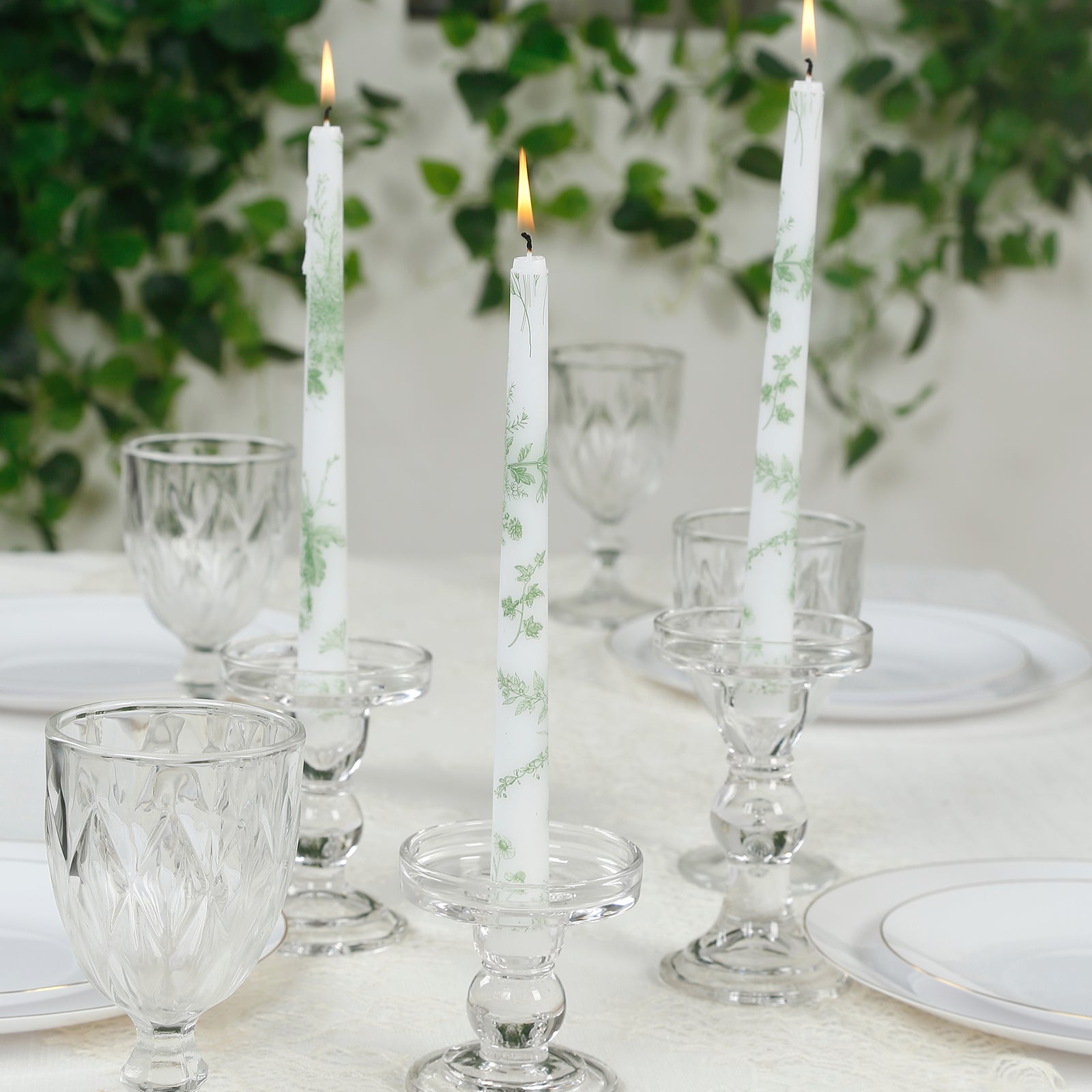 12 Pack 10" French Toile Wax Taper Candles White and Sage Green Unscented Candles