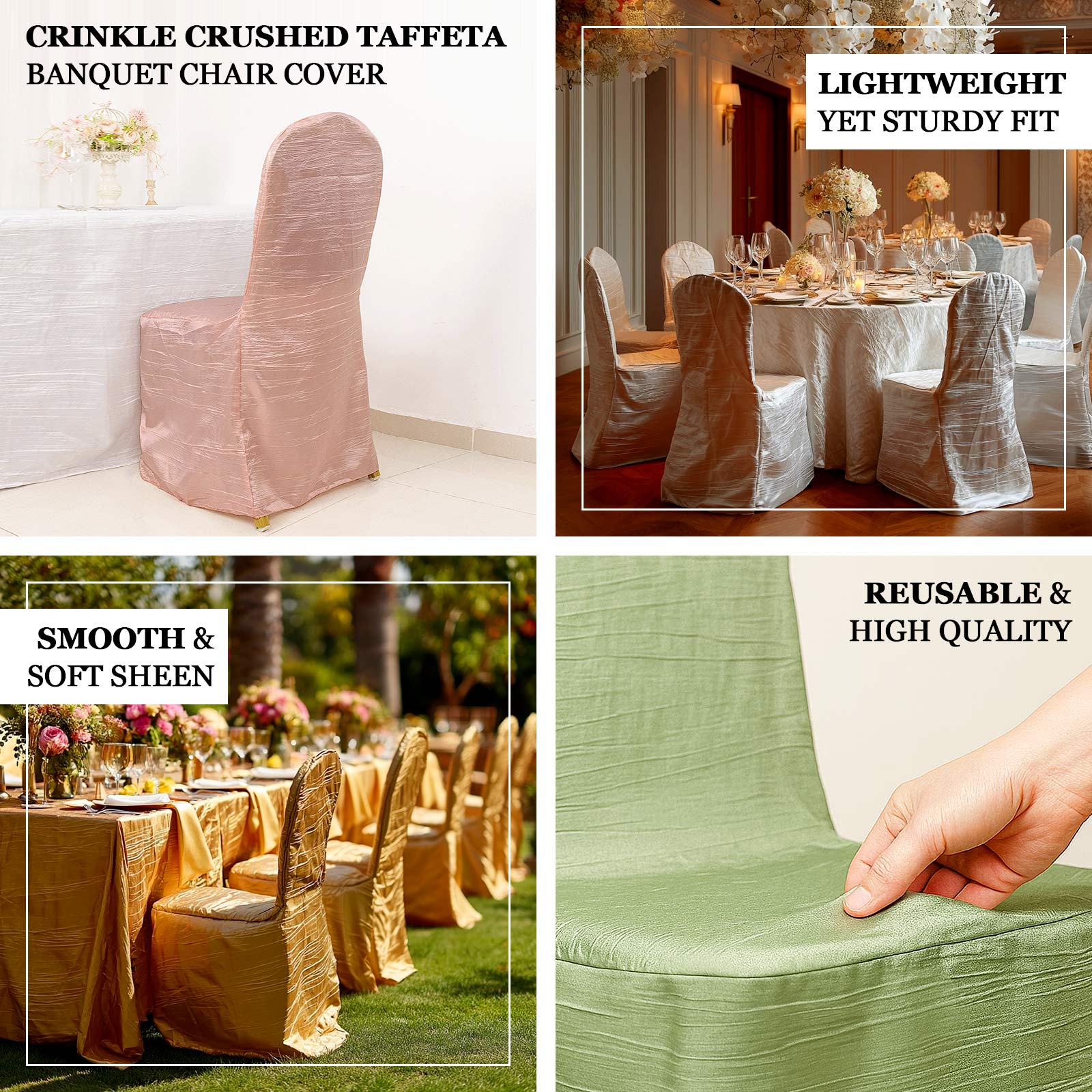 Crinkle Crushed Taffeta Chair Cover for Banquet Chairs White - Reusable Chic Wedding Decor