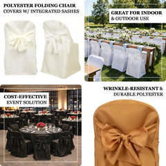 10-Pack Polyester Slip-On Folding Chair Covers with Attached Sashes – Gold Durable Reusable Covers for Wedding & Event Decor