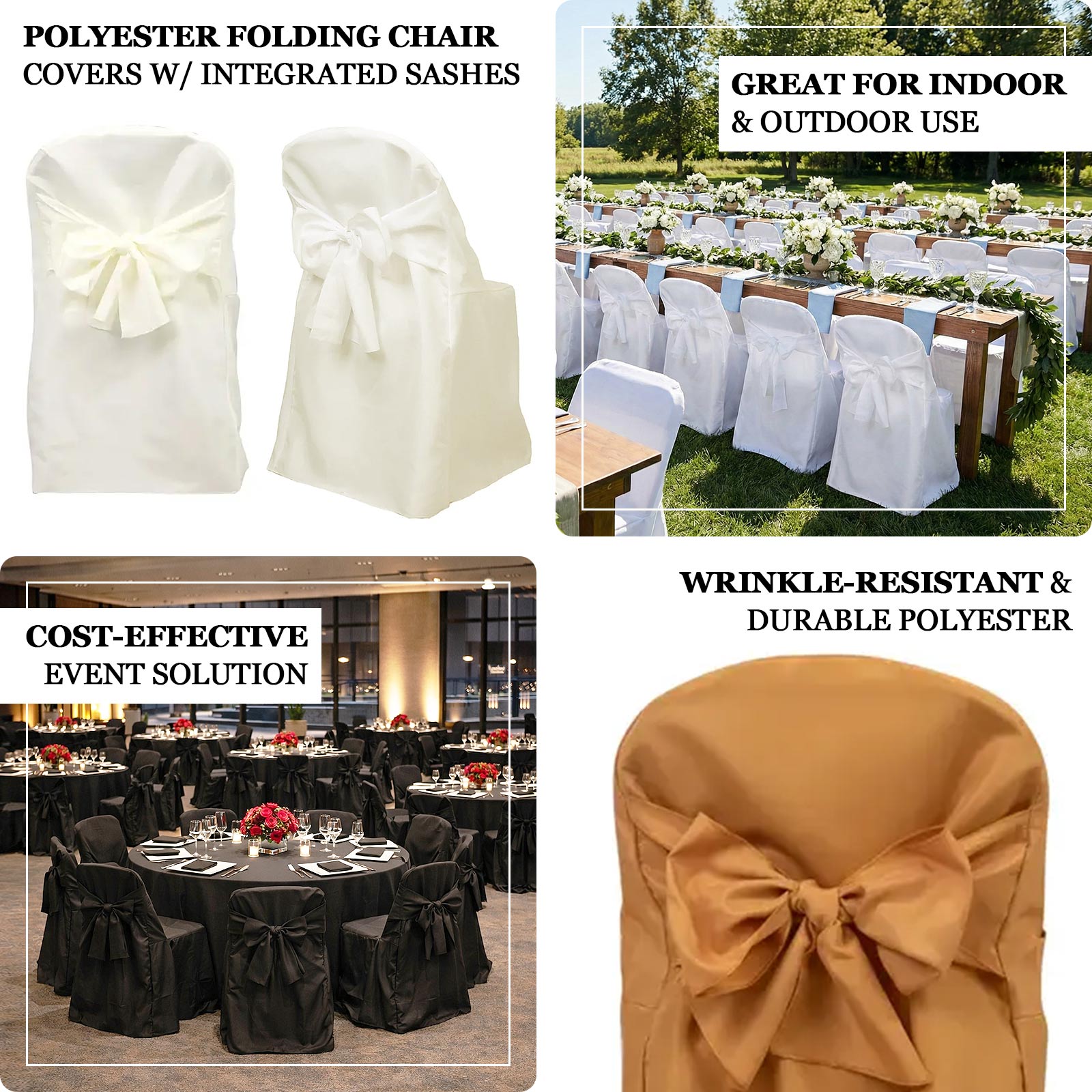 10-Pack Polyester Slip-On Folding Chair Covers with Attached Sashes – Ivory Durable Reusable Covers for Wedding & Event Decor