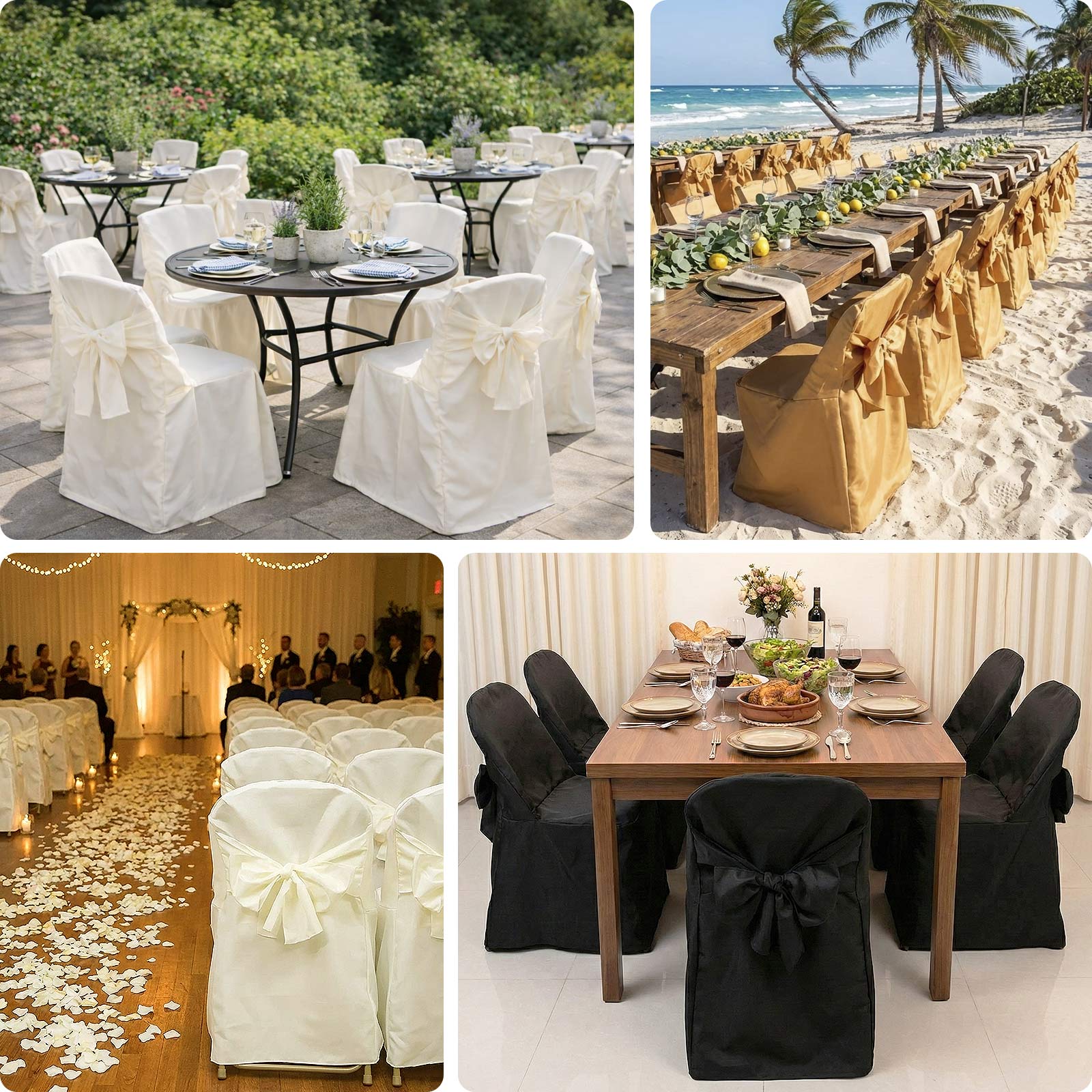 10-Pack Polyester Slip-On Folding Chair Covers with Attached Sashes – Ivory Durable Reusable Covers for Wedding & Event Decor