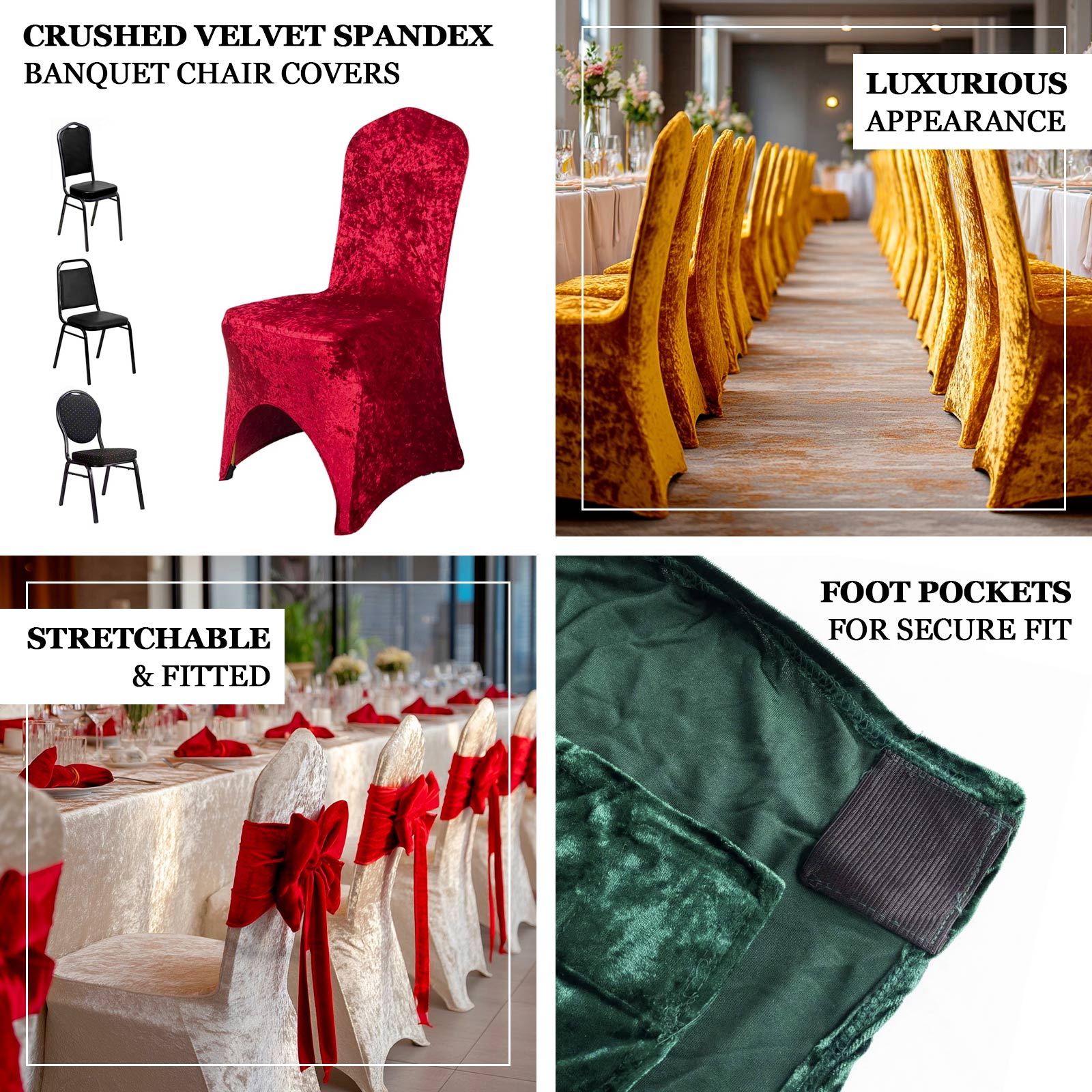 Crushed Velvet Spandex Banquet Chair Cover Fitted Slipcover Champagne - Stretch 190GSM Slipcover with Foot Pockets
