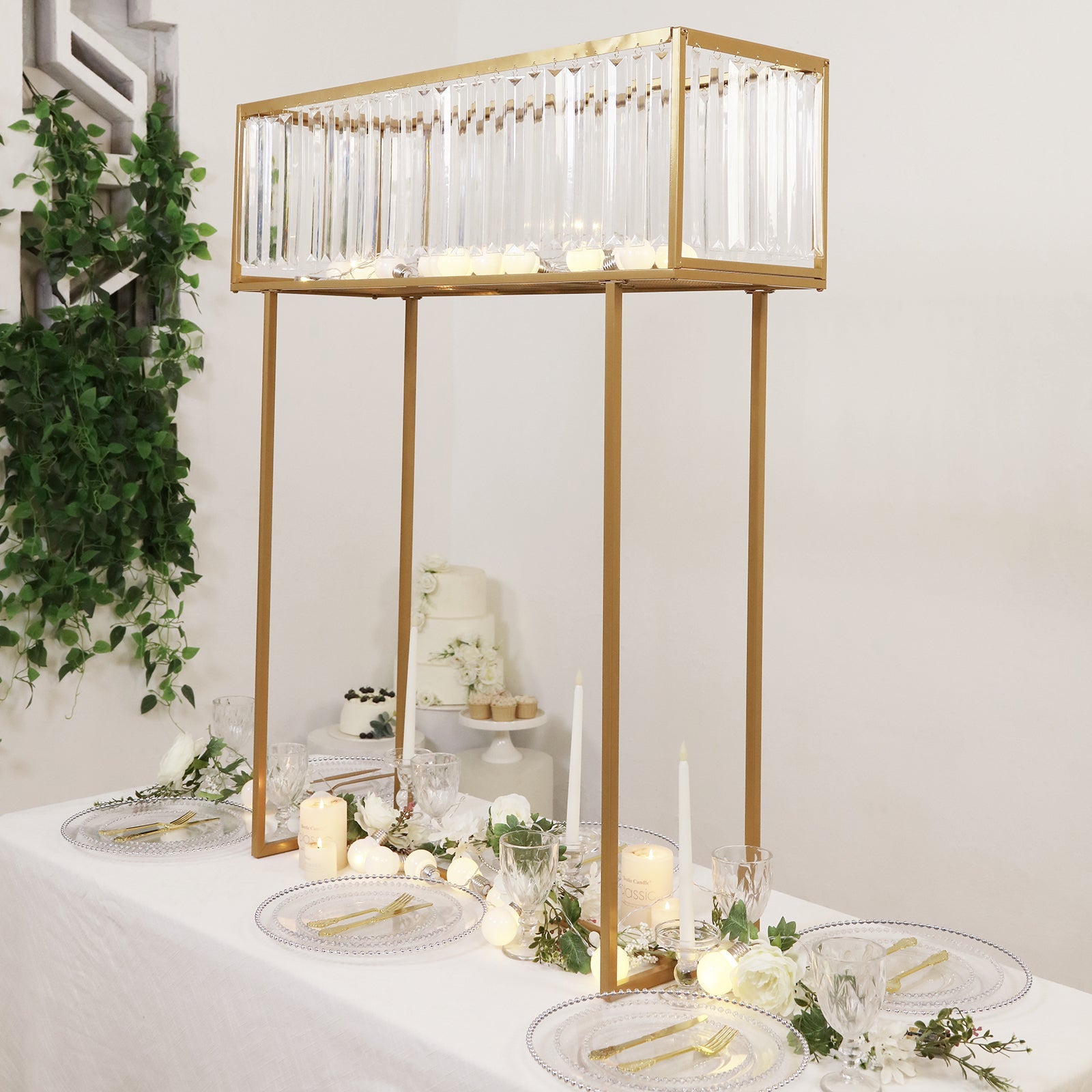 Gold Crystal Pendant Flower Stand, Metal Centerpiece Vase – 48" Tall Rectangular Display Rack