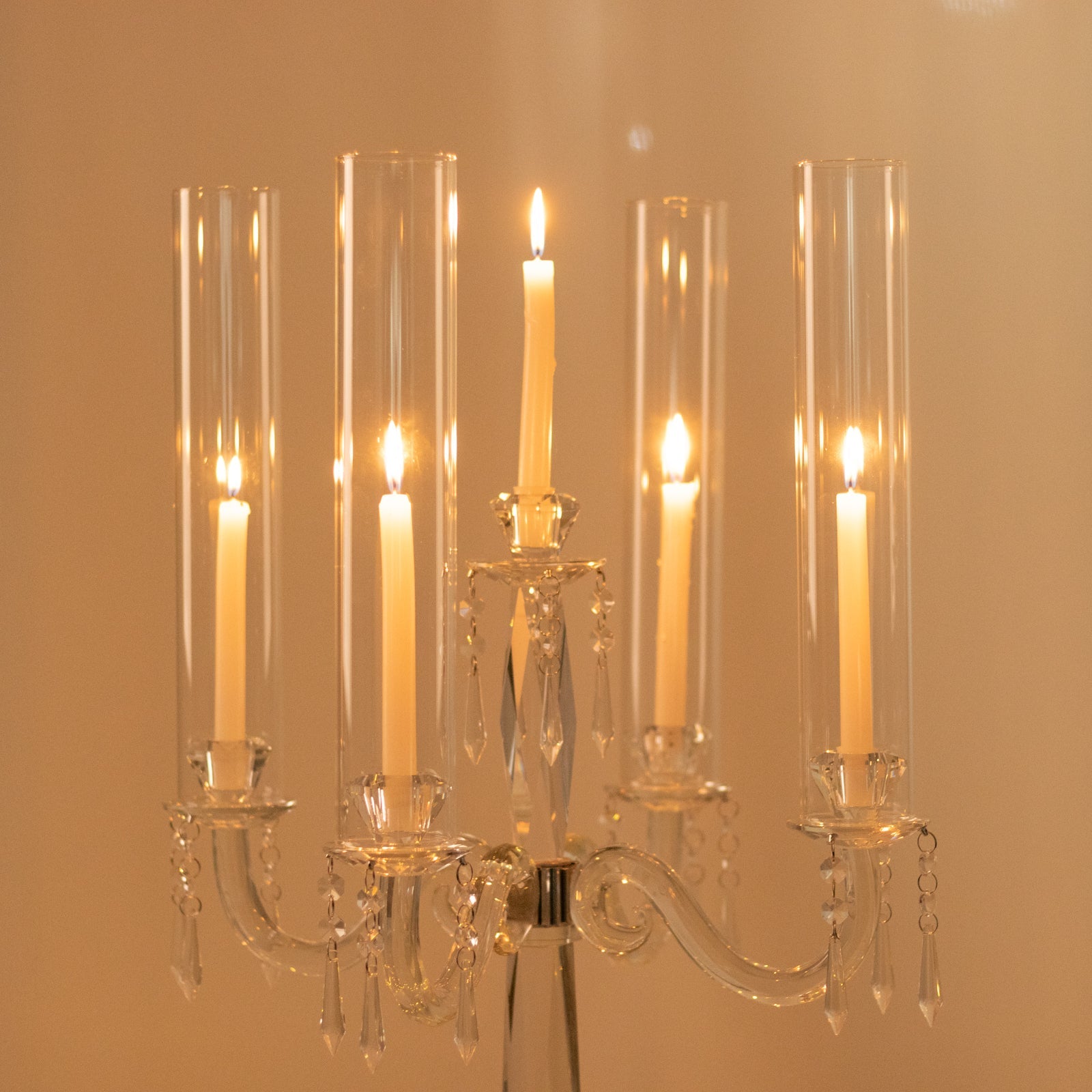 Crystal Candelabra Taper Candle Holder with Hurricane Glass Shades – Elegant Table Centerpiece with Pedestal Base & Hanging Crystal Accents - 38" Tall