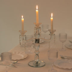 Crystal Taper Candle Holder with 3 Arms & Hanging Pendants – Elegant Table Centerpiece, 14"