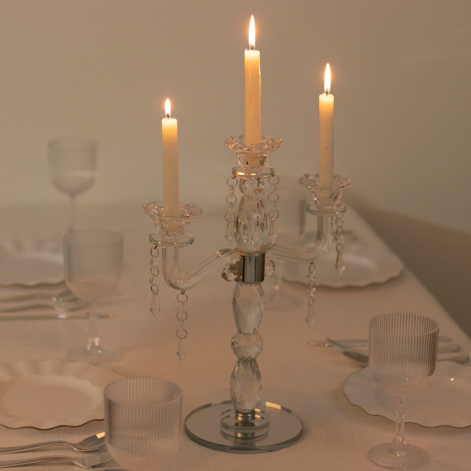 Crystal Taper Candle Holder with 3 Arms & Hanging Pendants – Elegant Table Centerpiece, 14"