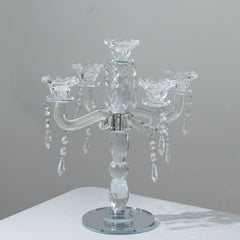 Crystal Taper Candle Holder with 5 Arms & Hanging Pendants – Elegant Table Centerpiece, 14"