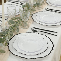 10-Pack Economy Plastic Round Charger Plates 13" in White with Black Scalloped Rim, Decorative Dinner Party Serving Plates