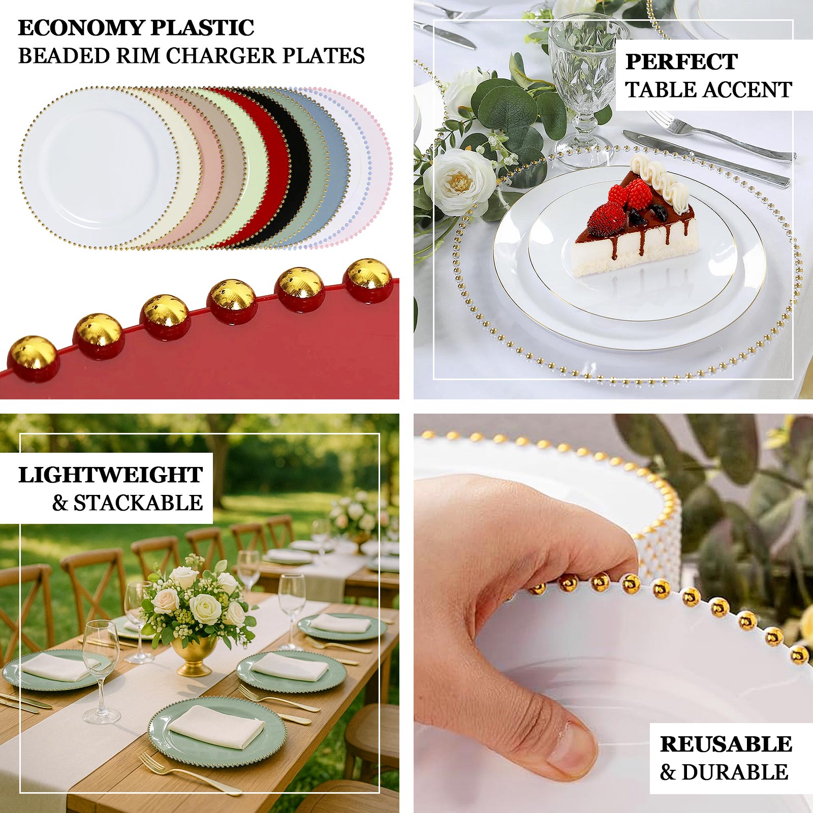 10-Pack Economy Round Plastic Charger Plates 13" in Dusty Sage Green with Gold Beaded Rim, Stylish Dinner Party Serving Plates