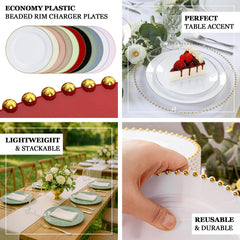 10-Pack Economy Round Plastic Charger Plates 13" in Red with Gold Beaded Rim, Stylish Dinner Party Serving Plates