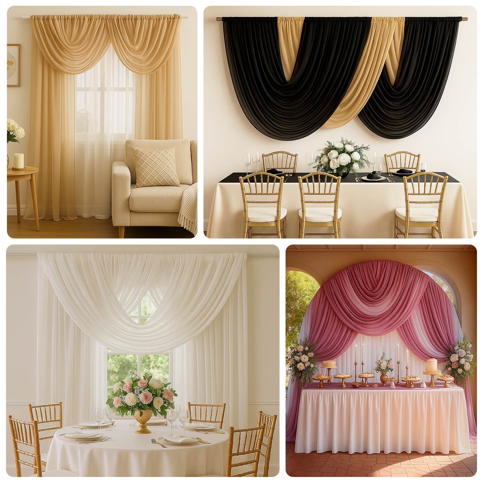 Ivory Sheer Chiffon Valance Curtain 4ft x 5ft –  Wedding Arch Drape with Rod Pocket, Voile Backdrop Panel