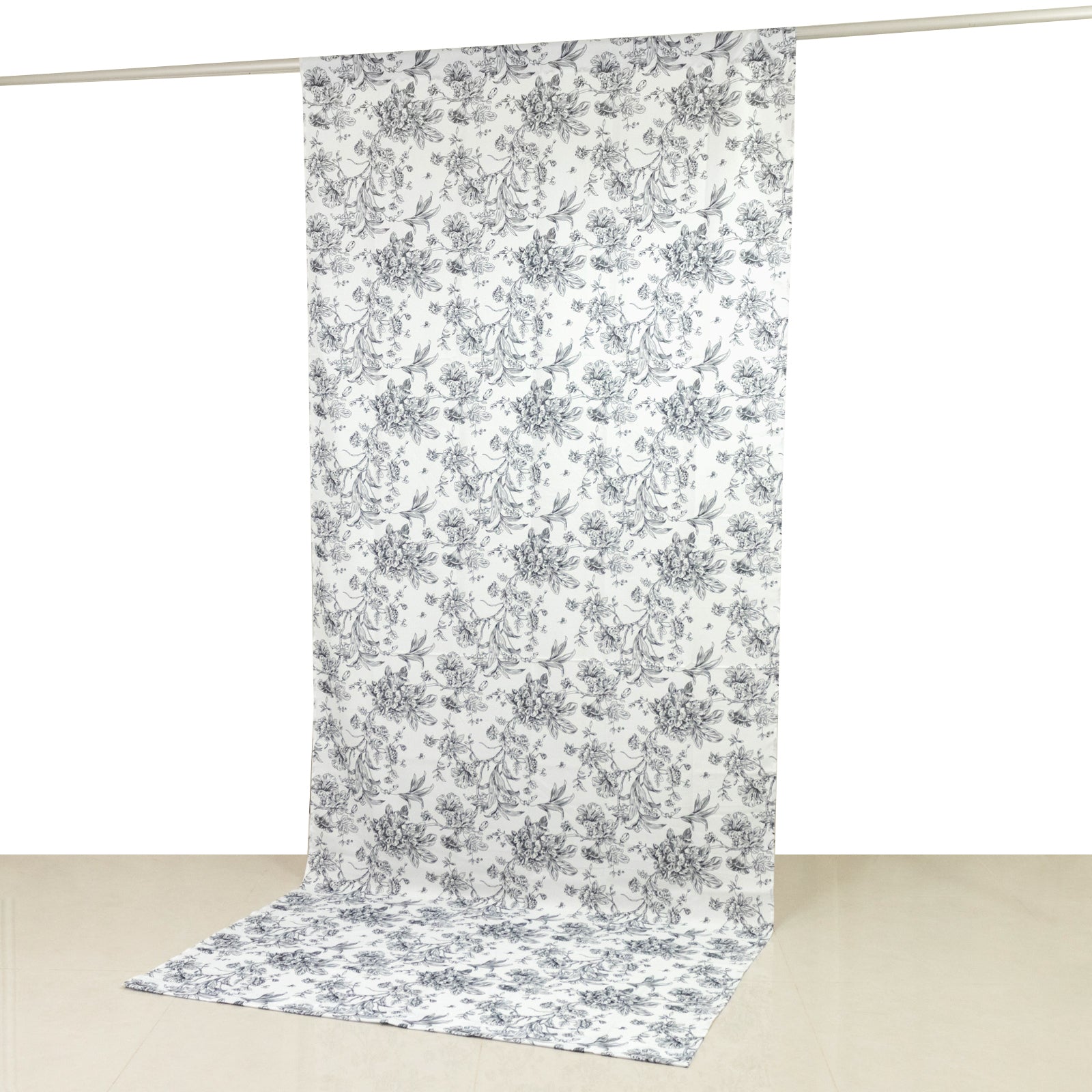 French Toile Polyester Backdrop Curtain – Black Floral 5ft x 12ft Rod Pocket Drape Panel