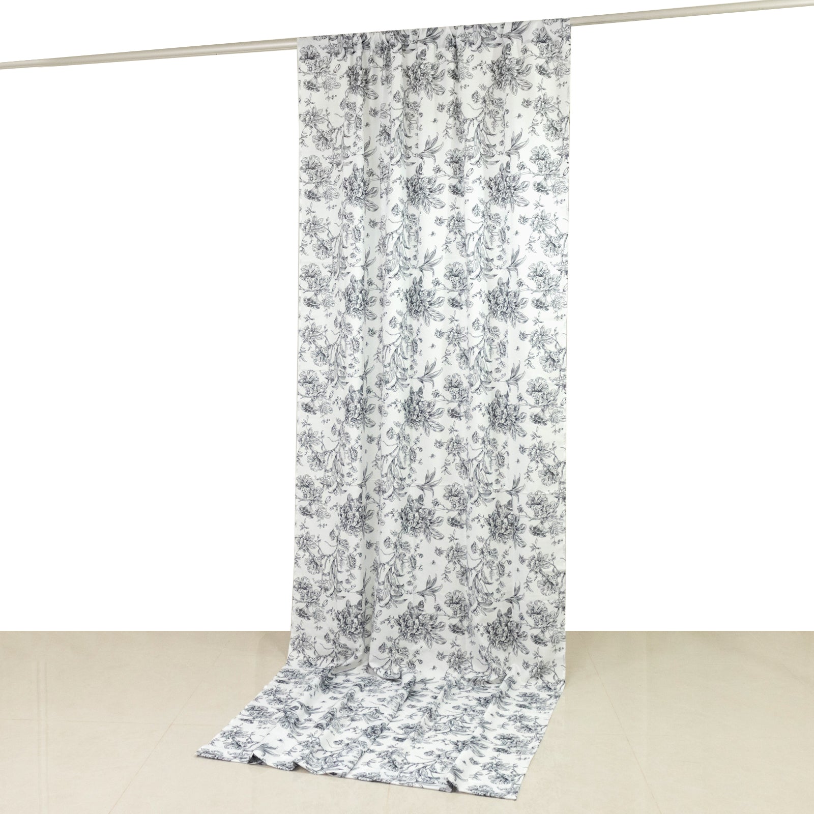 French Toile Polyester Backdrop Curtain – Black Floral 5ft x 12ft Rod Pocket Drape Panel