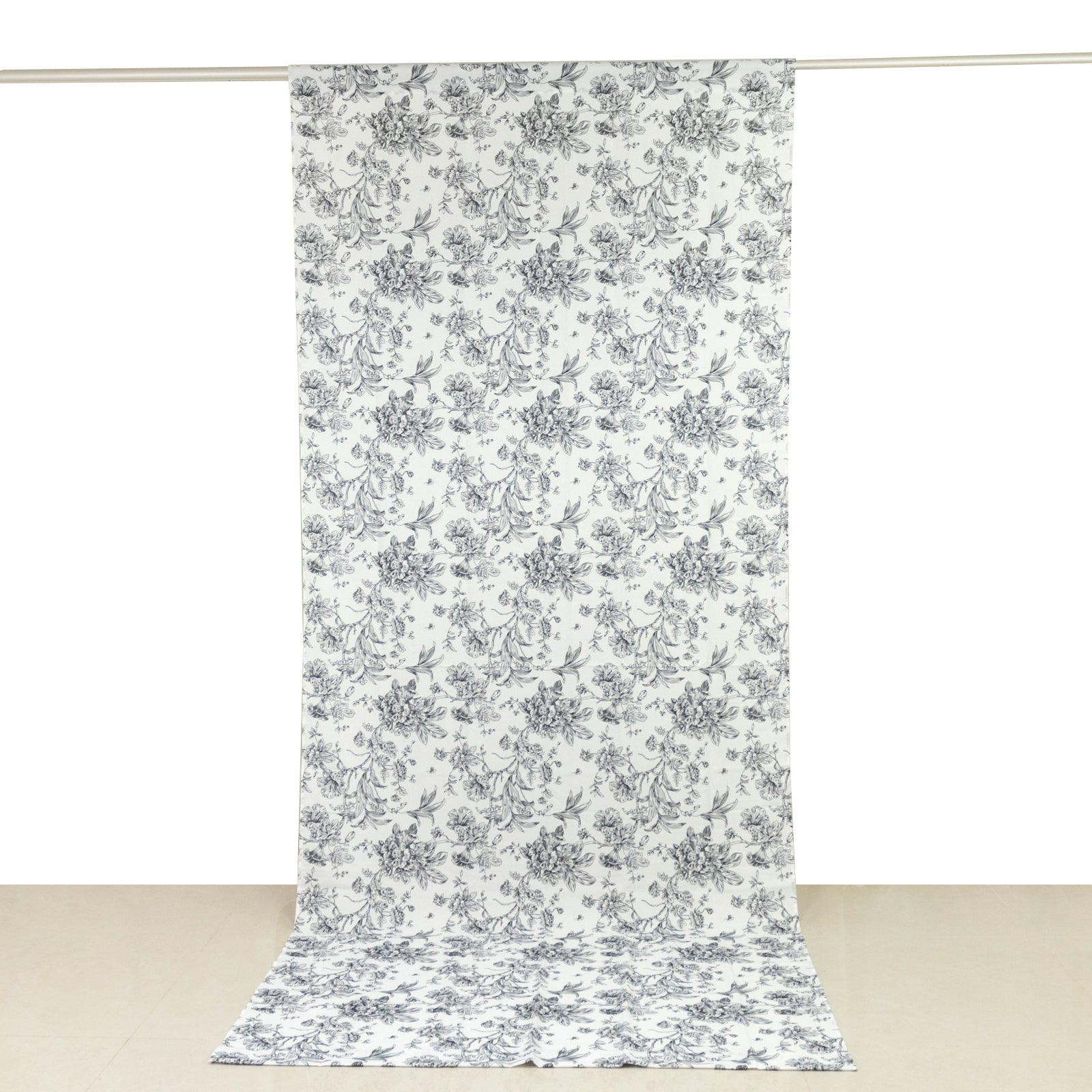French Toile Polyester Backdrop Curtain – Black Floral 5ft x 12ft Rod Pocket Drape Panel