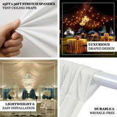 Ivory Stretch Spandex Tent Ceiling Drape – 25ft x 36ft 100GSM Wrinkle-Free Fabric Ceiling Liner with Pole Pockets, Standard