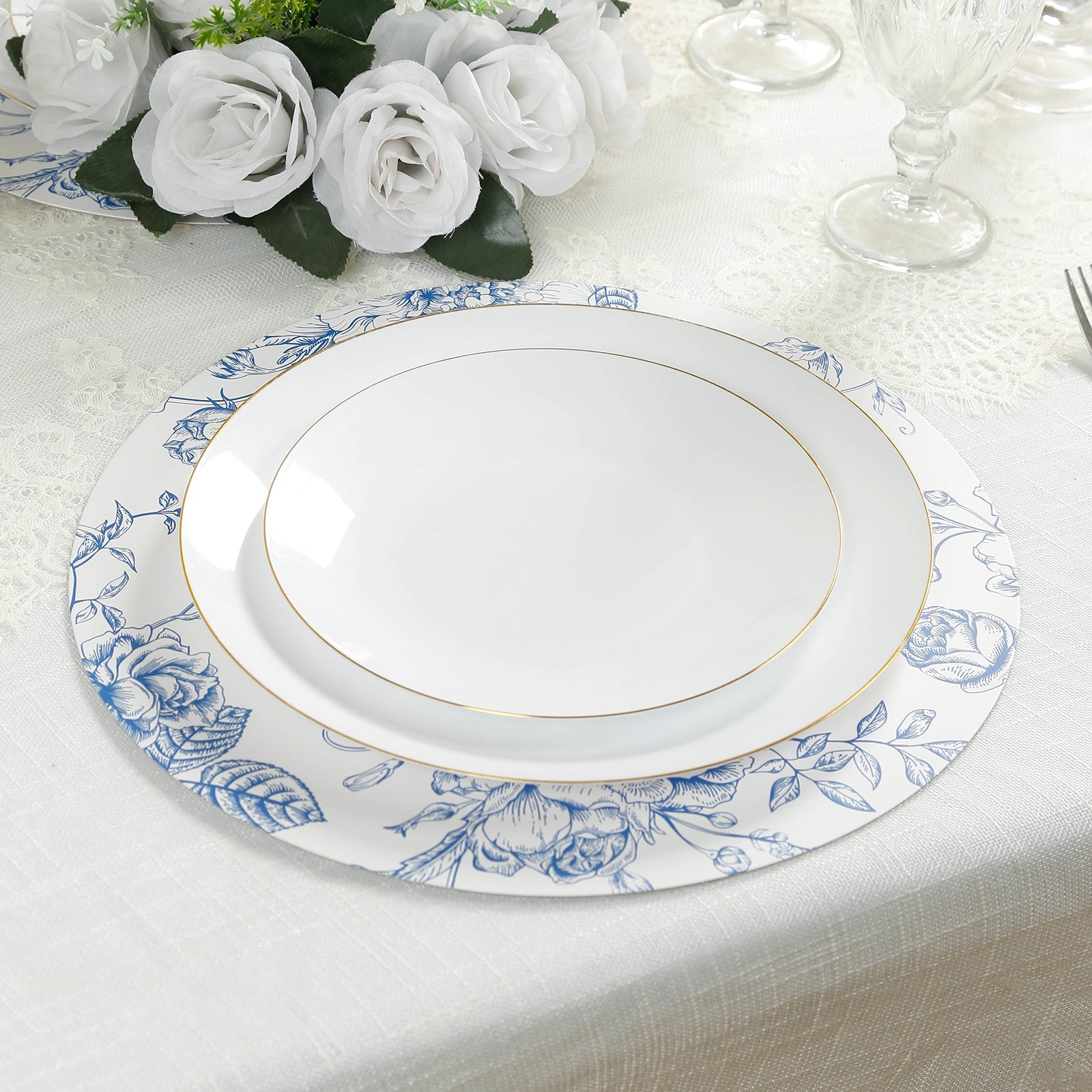 10-Pack Disposable Table Placemats in French Toile Print 13" in Matte White/Blue - Chic Floral Cardboard Placemats for Stylish Table Setting