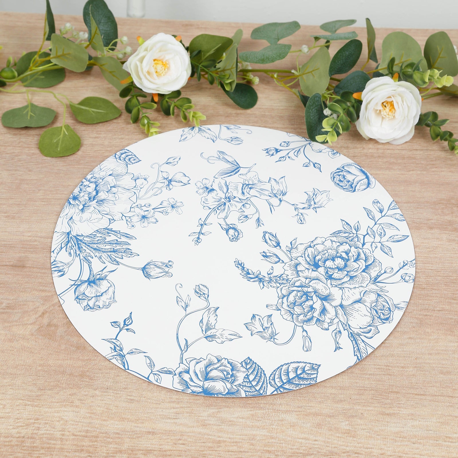 10-Pack Disposable Table Placemats in French Toile Print 13" in Matte White/Blue - Chic Floral Cardboard Placemats for Stylish Table Setting
