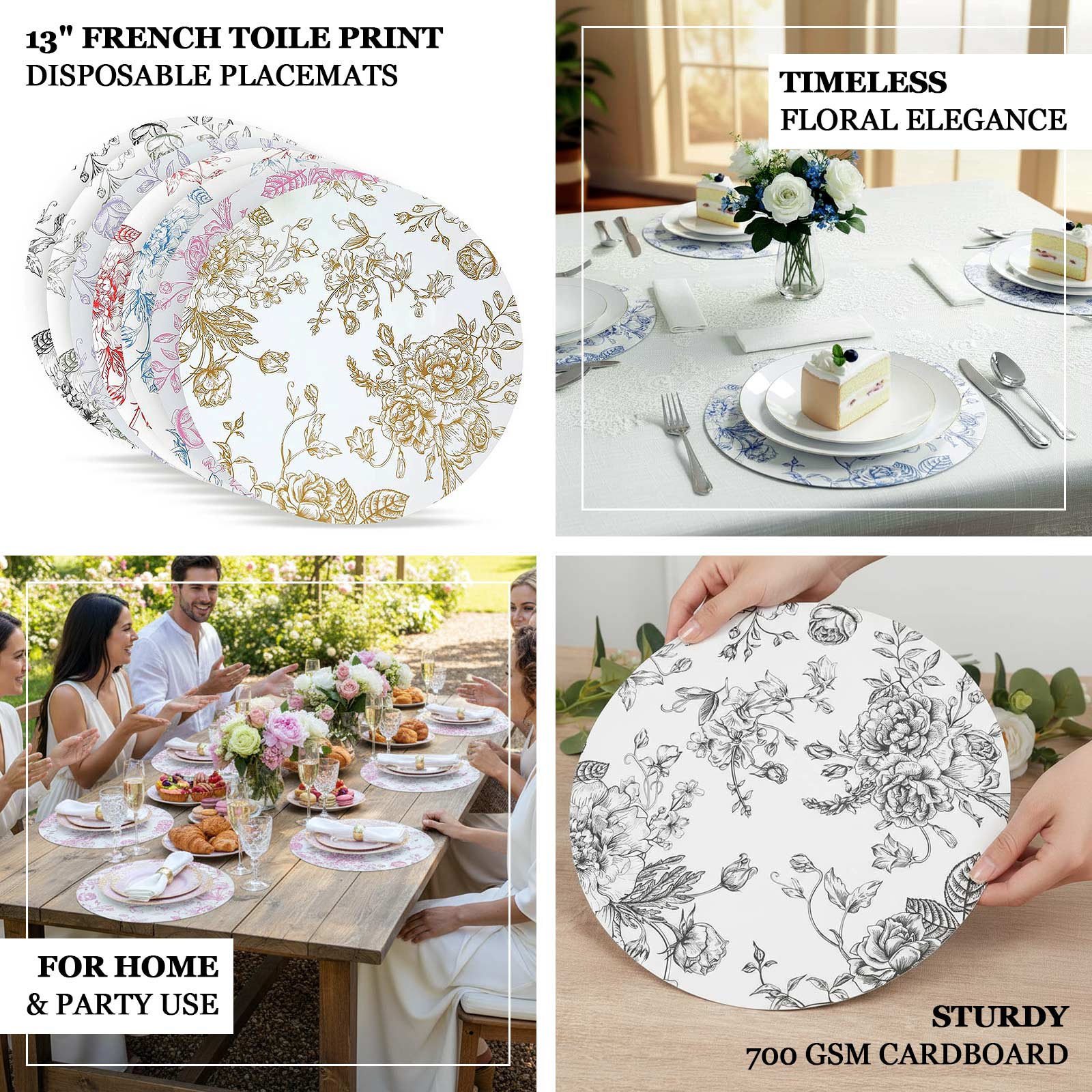 10-Pack Disposable Table Placemats in French Toile Print 13" in Matte White/Sage Green - Chic Floral Cardboard Placemats for Stylish Table Setting