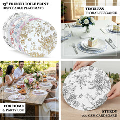 10-Pack Disposable Table Placemats in French Toile Print 13" in Matte White/Sage Green - Chic Floral Cardboard Placemats for Stylish Table Setting