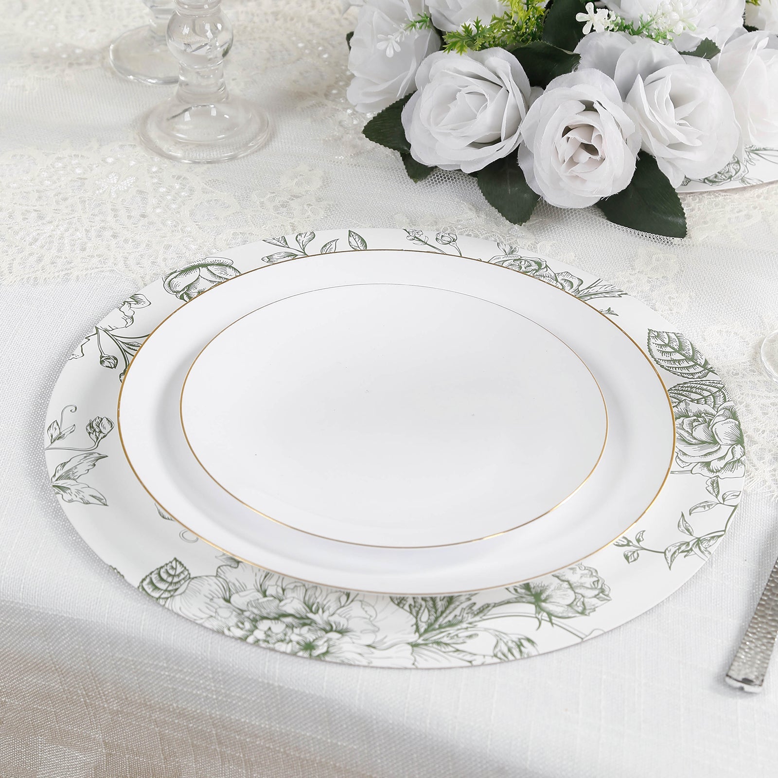 10-Pack Disposable Table Placemats in French Toile Print 13" in Matte White/Sage Green - Chic Floral Cardboard Placemats for Stylish Table Setting