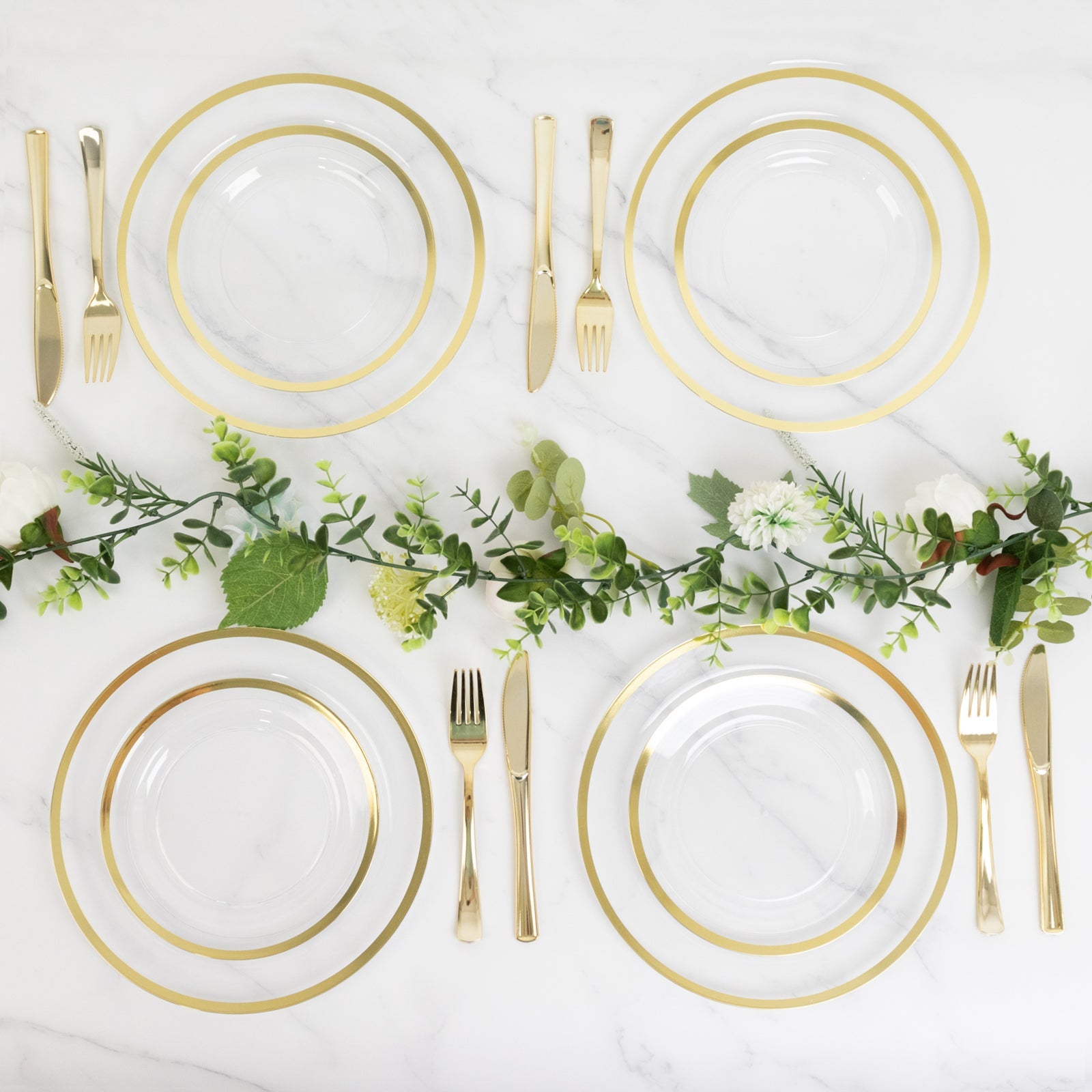10-Pack Plastic 7" Round Appetizer Plates in Clear with Gold Rim - Sleek Disposable Salad Plates for Banquets & Special Occasions