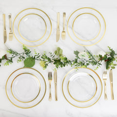 10-Pack Plastic 7" Round Appetizer Plates in Clear with Gold Rim - Sleek Disposable Salad Plates for Banquets & Special Occasions
