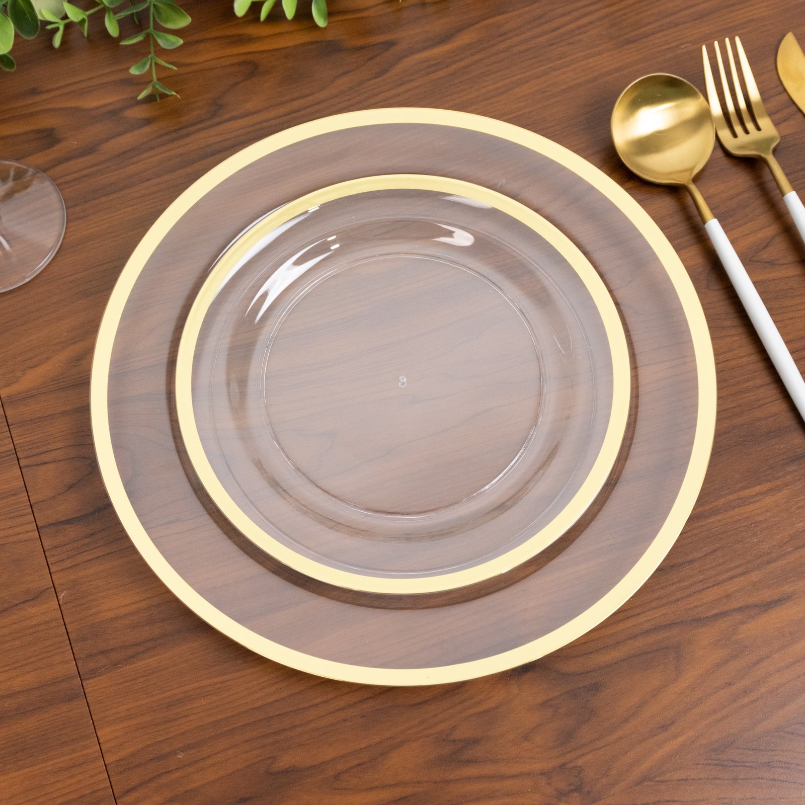10-Pack Plastic 7" Round Appetizer Plates in Clear with Gold Rim - Sleek Disposable Salad Plates for Banquets & Special Occasions