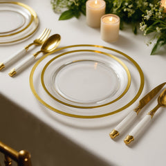 10-Pack Plastic 7" Round Appetizer Plates in Clear with Gold Rim - Sleek Disposable Salad Plates for Banquets & Special Occasions