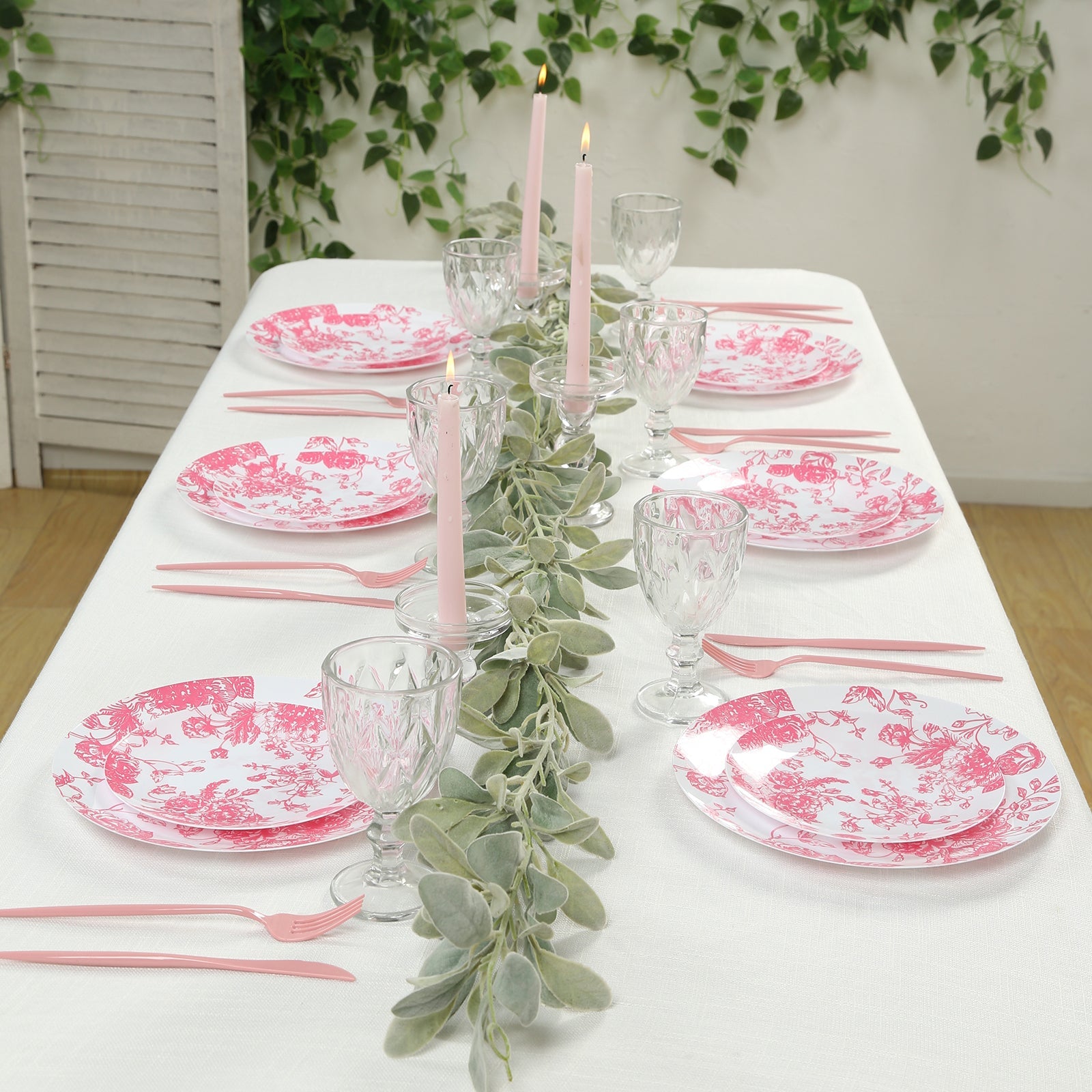 10-Pack French Toile Plastic Salad Plates – Pink & White Floral, 7" Round Disposable Dessert Plates