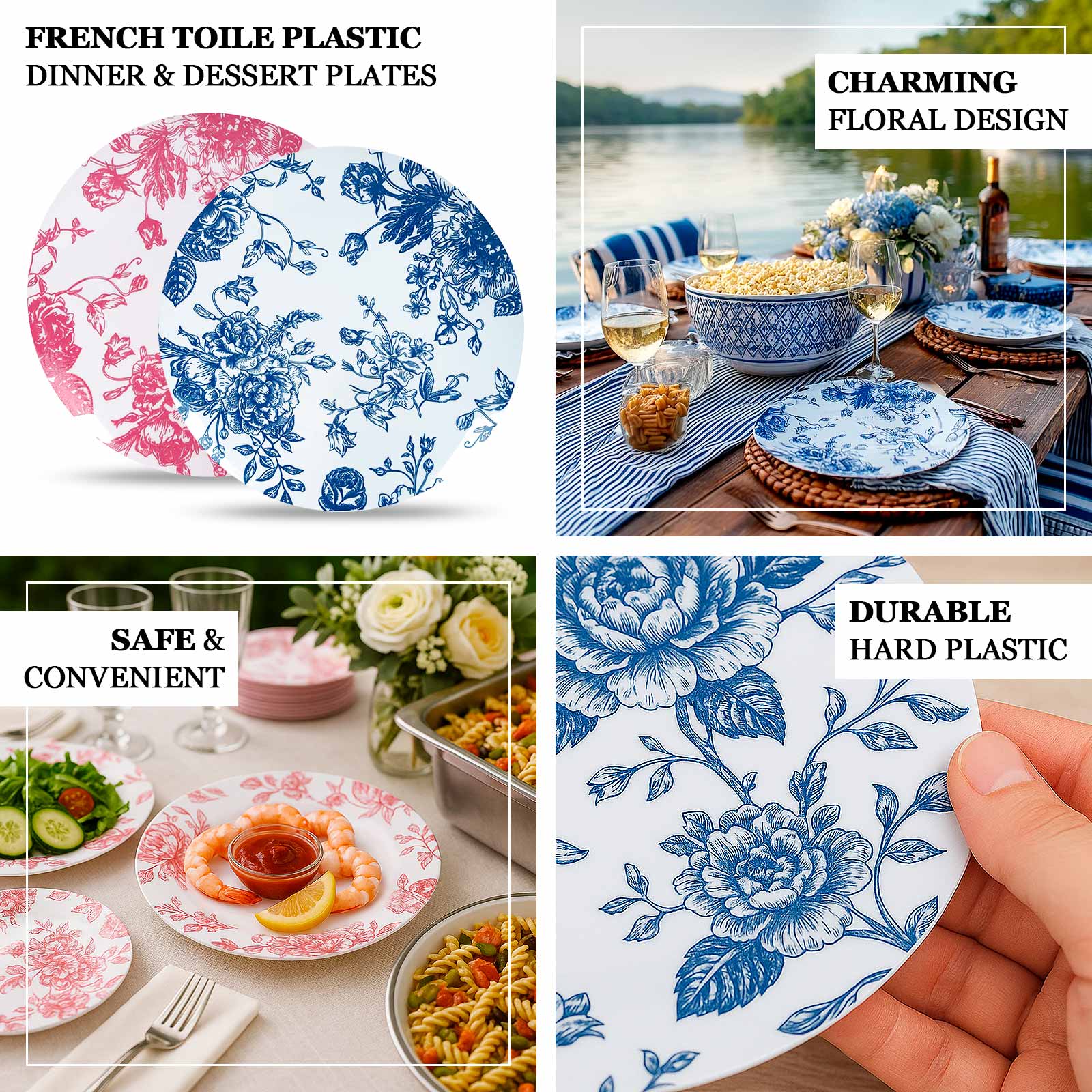 10-Pack French Toile Plastic Salad Plates – Blue & White Floral, 7" Round Disposable Dessert Plates