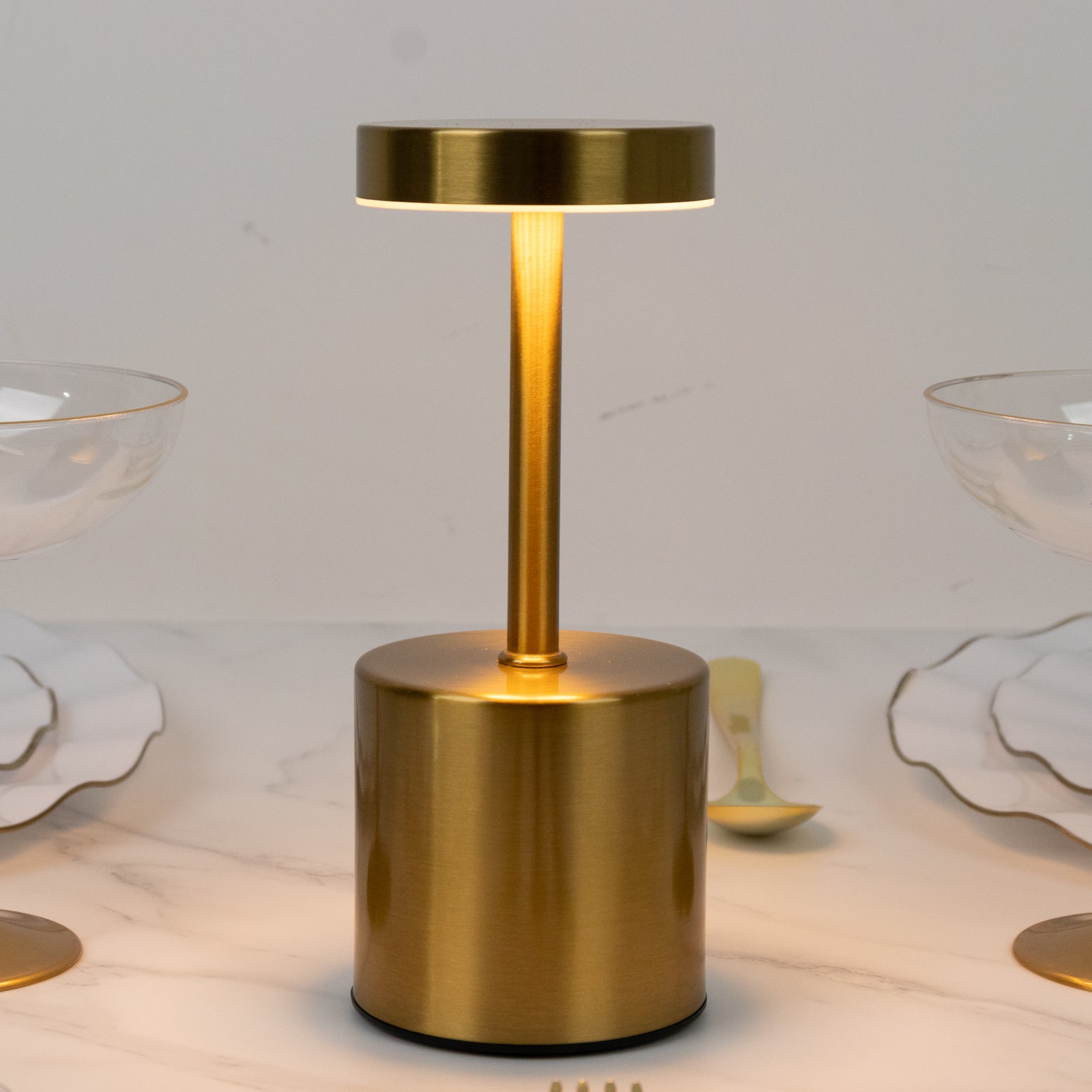 Gold Metal LED Table Lamp – 8" Cordless USB Rechargeable, Dimmable Touch-Control Night Light, Modern Minimalist Design