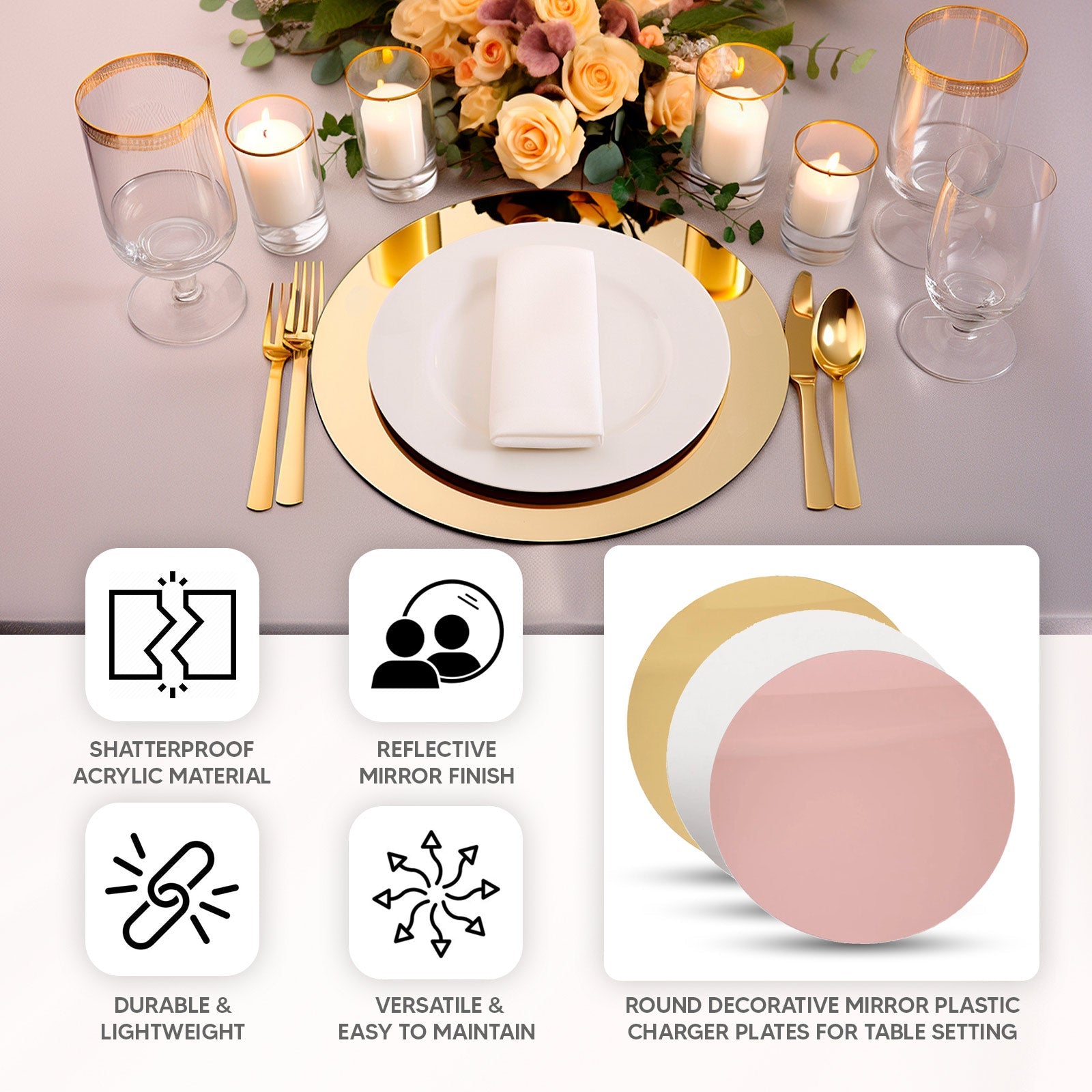 10-Pack Dining Plate Chargers Decorative Acrylic Mirror Gold Round - Lightweight Event Display 13"