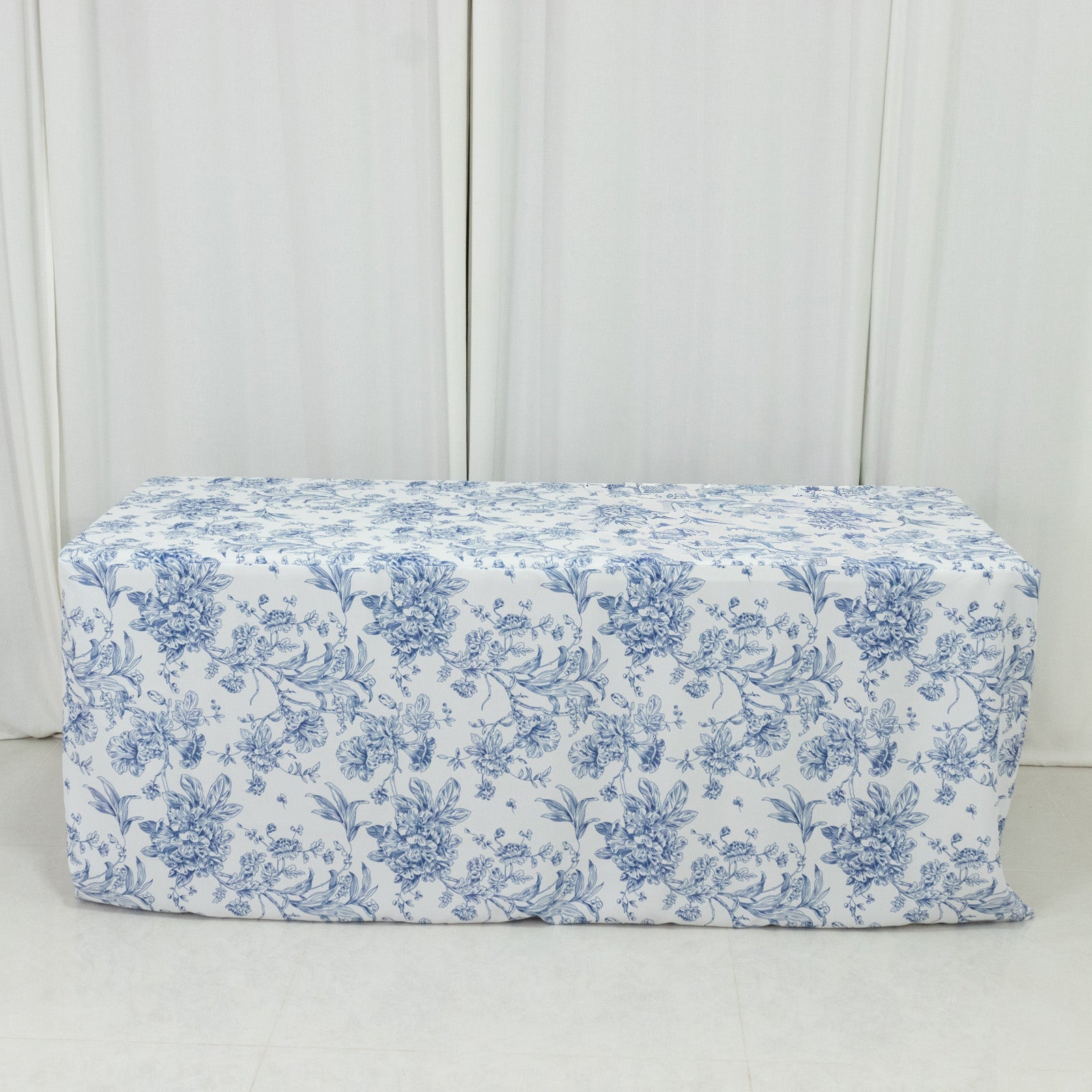 French Toile Fitted Tablecloth 6ft – Blue & White Rectangular Polyester Wrinkle-Resistant Table Cover